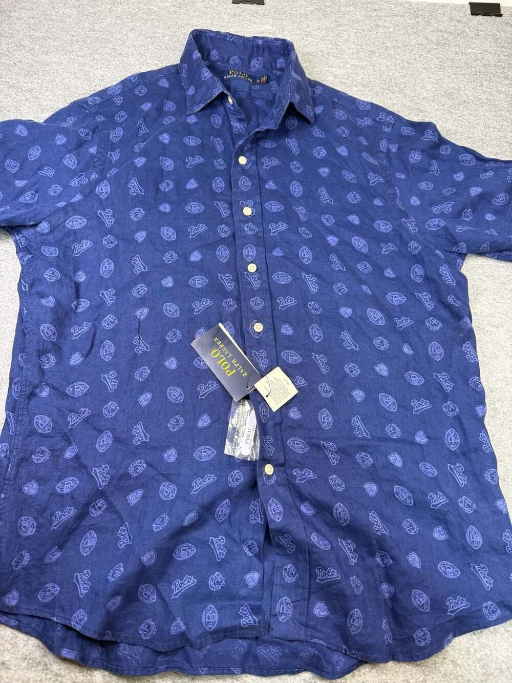 Polo Ralph Lauren Varsity Print Classic Fit Linen Shirt Size M Blue